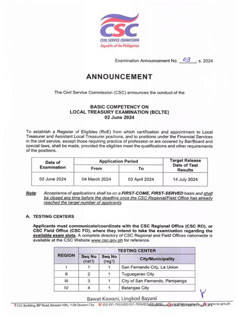 bclte exam 2024|Examination Announcement No. 03 s. 2024 .